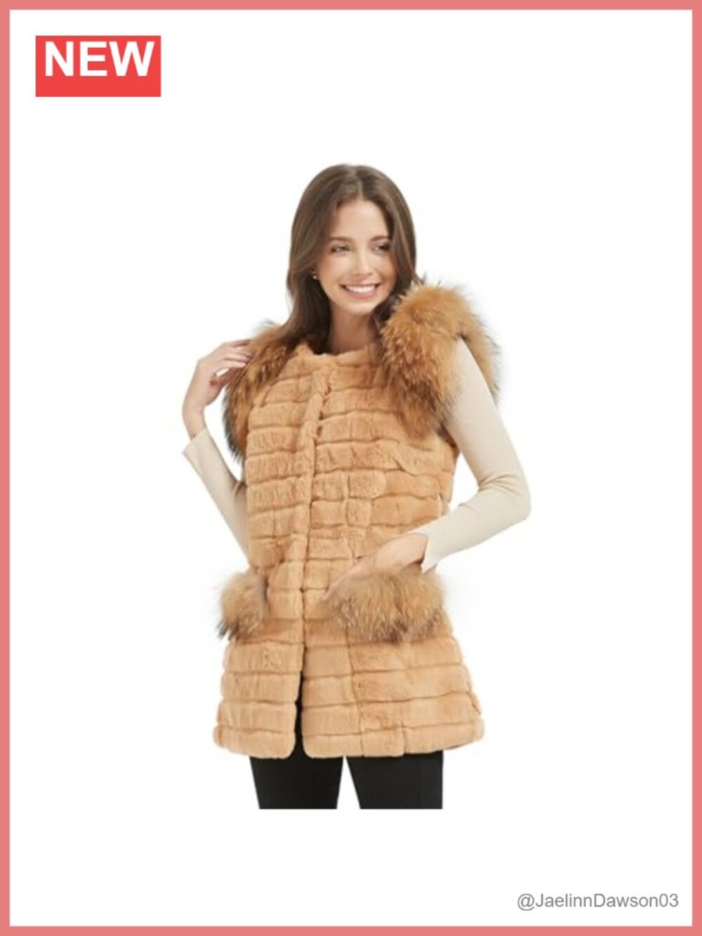 Genuine Rabbit Fur Coat Fox Fur Cuffs Button Closure Winter Outerwear